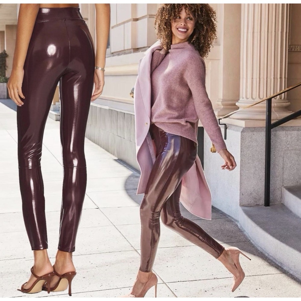 Spanx Faux Patent Leather Womens Pants Sz Small Petite Ruby Wine Leggings New